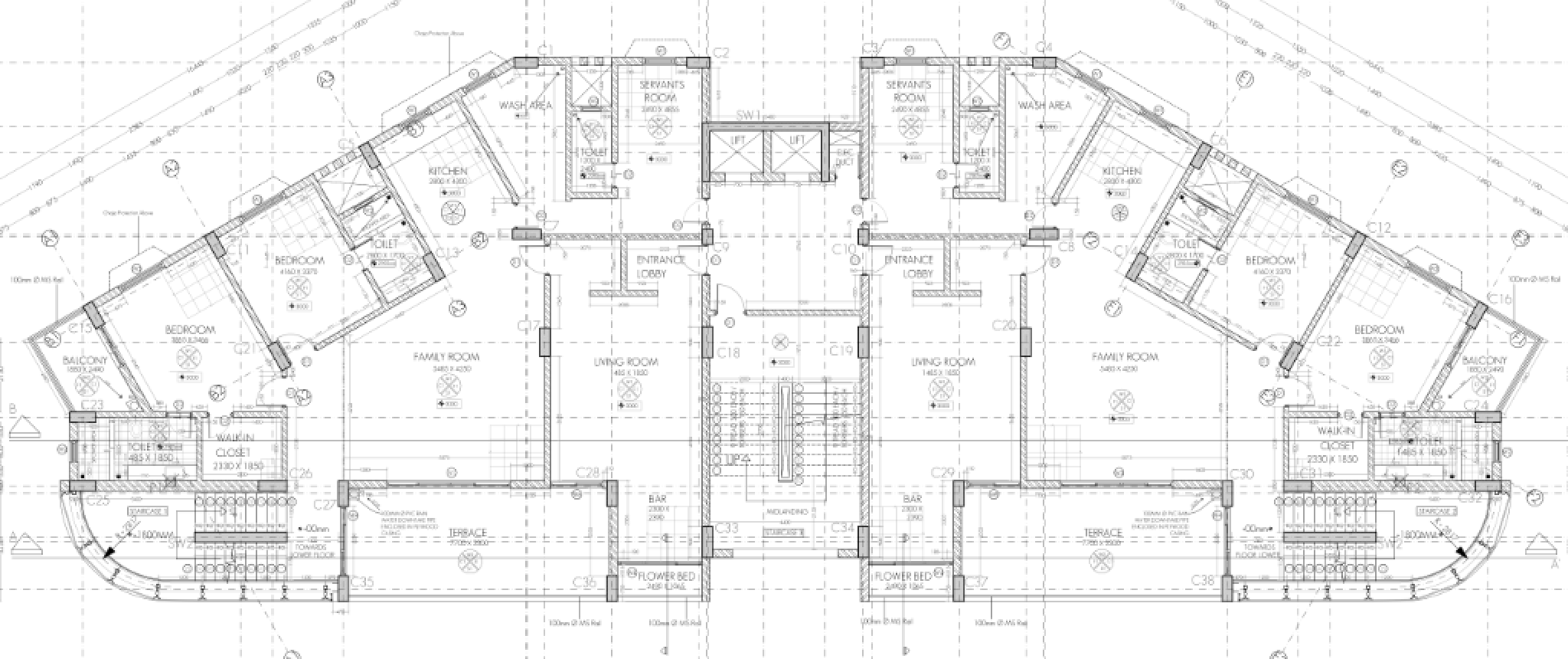 AH Residential Building Working Drawing Typical Floor Plan Entrance Level CAD Files