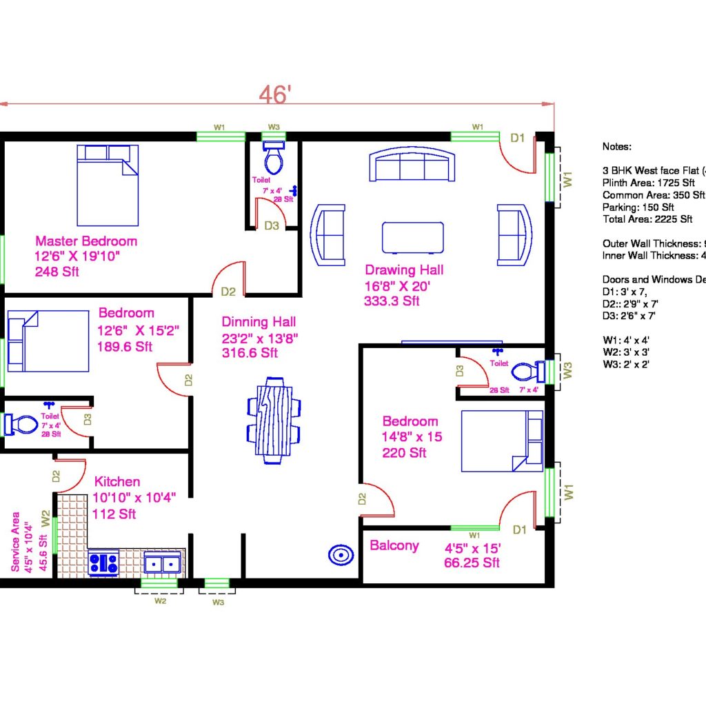 3bhk West Face Plan CAD Files DWG Files Plans And Details