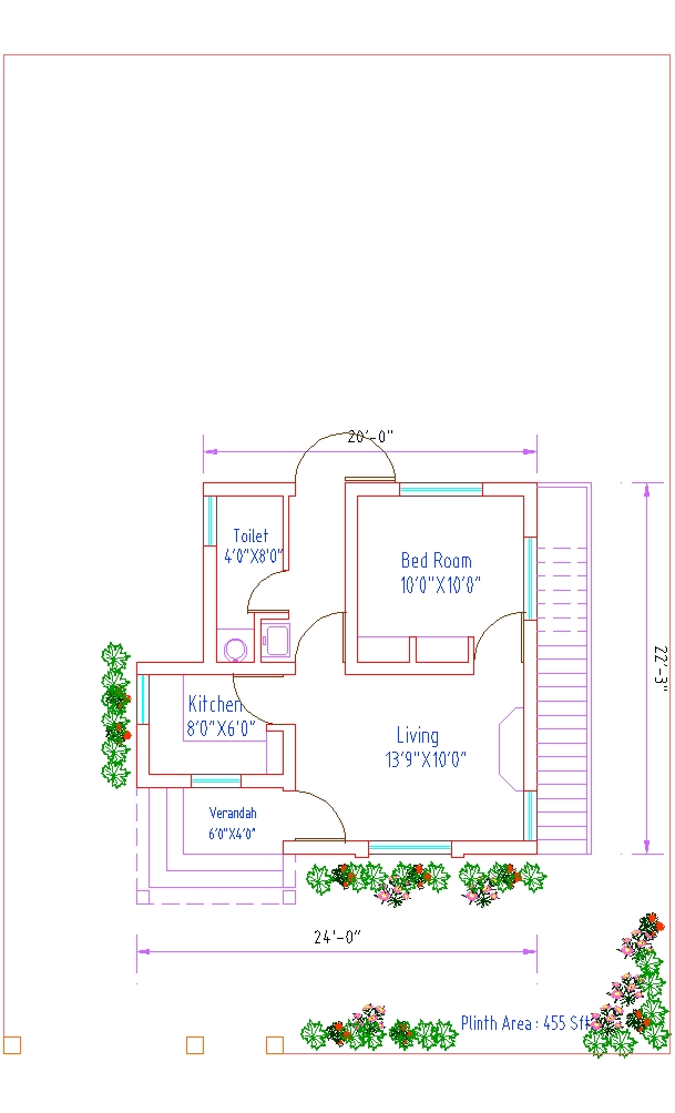 24x23 feet house design plan 455 SQFT Plan - CAD Files, DWG files ...