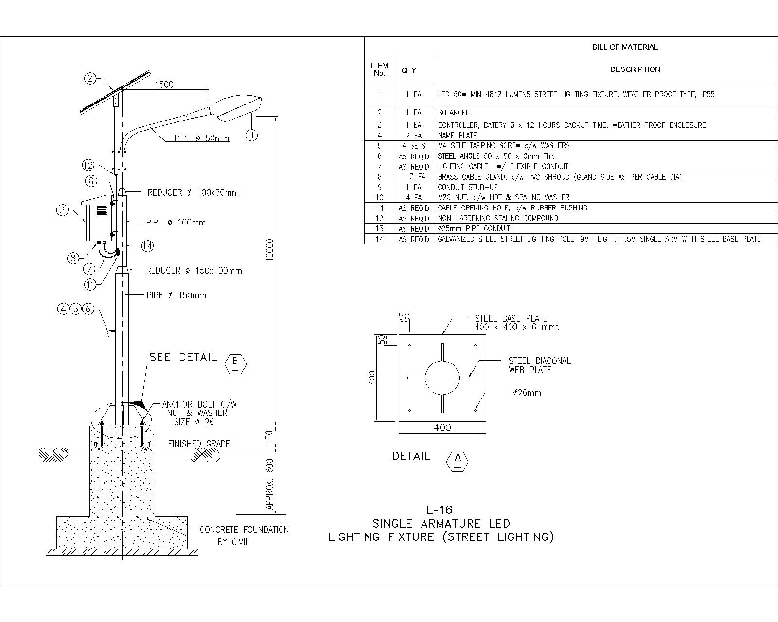 SolarCell LED Street Lighting Pole CAD Files, DWG files, Plans and